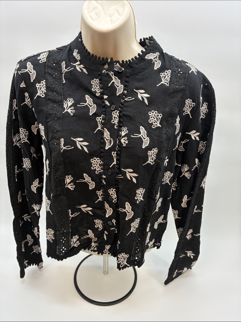 Black Embroidered Button-Front Blouse with Ivory Floral Motif